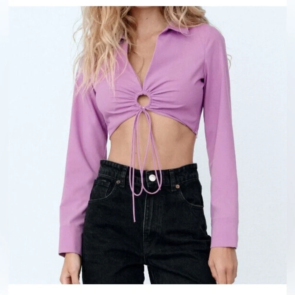 Zara Womens Lavender Lilac Collared Long Sleeve Ring Detail Crop Top Small NWT